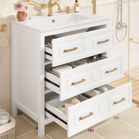 Mueble de baño blanco con lavabo cerámico integrado 76,5 x 47 x 82 cm, 3 cajones, MDF, independiente (1/5)