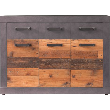 Indy Kommode 3 Türen, 3 Schubladen grau Eiche Dekor, Old Wood Dekor.
