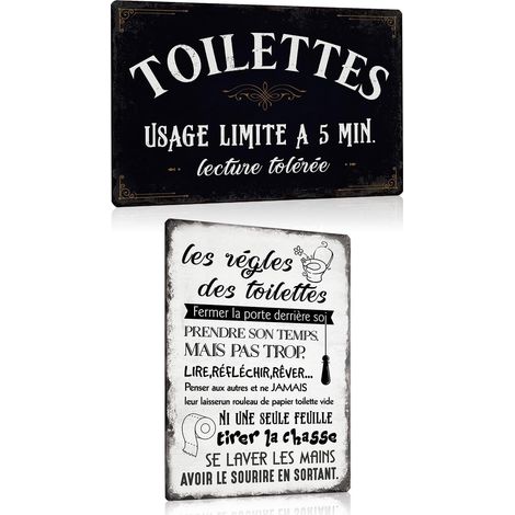 Lot de 2 - Toilettes Plaque Metal avec Humour Citation Français - Les règles des Toilettes - Drôle WC Panneau Pancarte - Decoration Murale Pour Maison Salle de Bain 20x30cm (Set 01) (1/5)