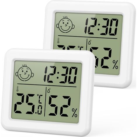 2PCS Thermomètre Hygromètre Intérieur, Mini Thermomètre d'Ambiance avec Heure, Date, ℃/℉ Commutable, Moniteur de Température et Humidité Alimenté par Batterie pour Chambre à Coucher (1/5)