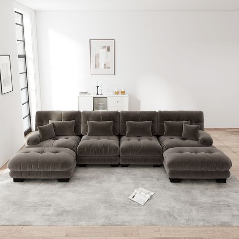 Canapé d'angle modulable 4 places avec pouf amovible, chenille marron, combinaison à composer soi-même