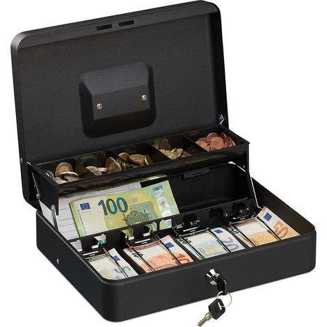 Caisse à monnaie verrouillable, compartiments pour pièces et billets, en fer, 8,5 x 30,5 x 24,5 cm, noire (1/5)