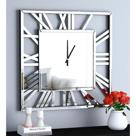 31.5in Modern Glam Square Mirrored Wall Clock - Oversized Decorative Roman Numeral Mirror Clock for Living Room, Bedroom, Home Accent (1/5)