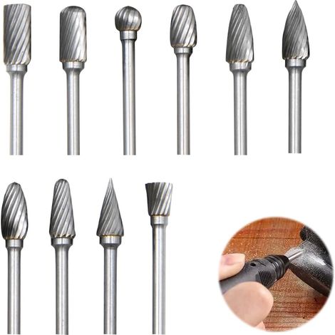10 Pièces Fraises Rotatives, Jeu de Fraises en Carbure avec Tige de 1/8” Jeu de Fraises Rotatives Carbure de Tungstène Pour Bricolage, Polissage Métal, Gravure, Perçage, Sculpture sur Bois (1/5)