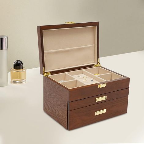 Coffret Boîte à bijoux en bois massif à 3 couches avec serrure et miroir pour bijoux, bagues, boucles d'oreilles, marron 281918cm (1/5)