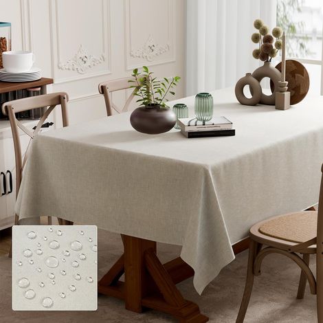 Nappe Rectangulaire de Table en Lin - 240x140cm, Imperméable et Anti-Tache, pour Repas Intérieur/Extérieur, Jardin, Fêtes et Usage Quotidien (Rectangulaire,Beige) (1/5)