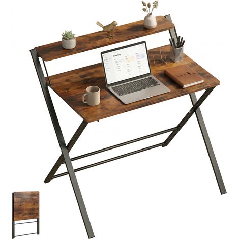 HOMCOM Folding Desk with 2-Tier Shelf for Home Office, Rustic Brown
