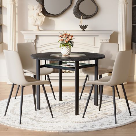 Table ronde 100cm ton bois noir. 4 fauteuils gris chaud PU coussins larges, confort pour salon réception