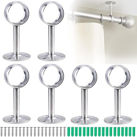 Lot de 6 supports de tringle à rideaux en acier inoxydable - Support plafond ou mural pour tringle à rideau - Installation facile - Résistant à la corrosion - Argenté - Finition brillante (1/5)