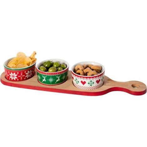 TRADE SHOP - Antipastiera Natalizia 3 Coppette Con Tagliere Base In Bamboo Aperitivo Tavola Cucina -