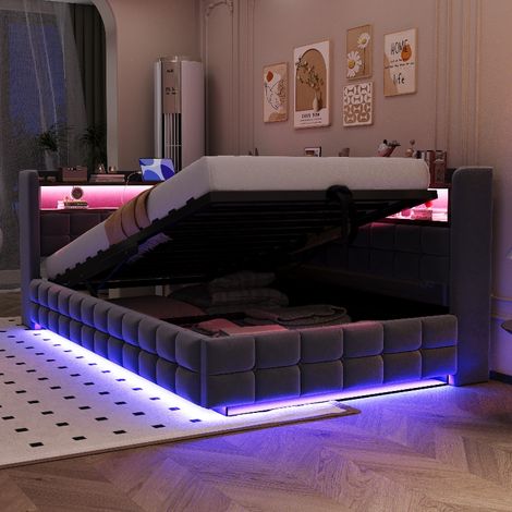 Schlafsofa 90x200 cm mit Stauraum und LED-Beleuchtung, Polsterbett aus Samt in Dunkelgrau, Tagesbett mit USB-Steckdose und Holzregal (1/5)
