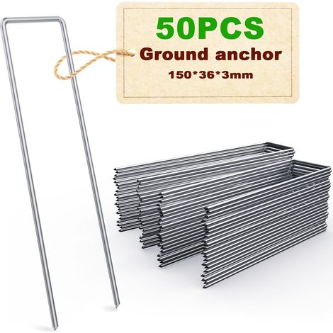 (50 Pièces) Sardines de Fixation en Acier Galvanisé, Piquet ancrage, Piquets de agrafes pour Toile de paillage, 150 mm x 36mm, Ø 3 mm, pour la Fixation du Film Anti-Mauvaises Herbes et Filets. (1/5)