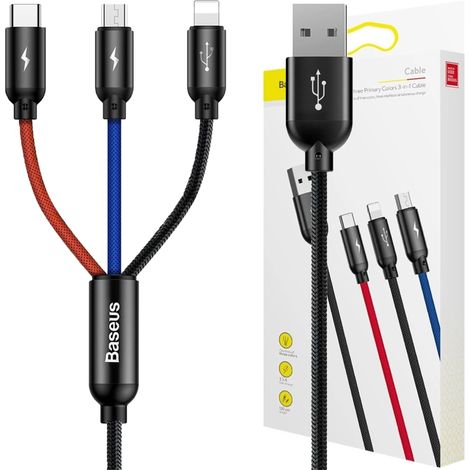 Cavo USB Baseus 3 in 1 USB-C / Lightning / Micro 3A 1,2 m (nero)