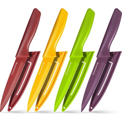 Lot de 4 couteaux à éplucher avec étui de protection, 11 cm, en acier inoxydable, petits couteaux de cuisine pour fruits et légumes, poignées ergonomiques pour la polyvalence