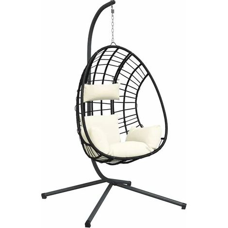 Fauteuil suspendu en forme d'œuf, rotin beige et structure en acier (1/5)
