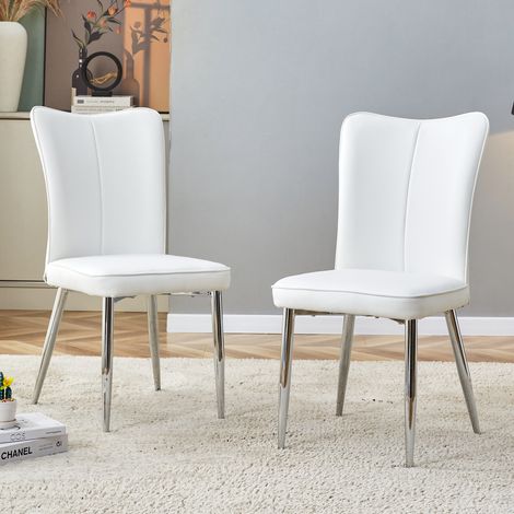 Juego de 2 sillas de comedor, 89 cm de alto, asiento acolchado de 6 cm, patas de metal plateado, tapizado de PU blanco (1/5)