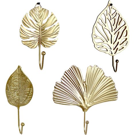 Doré Lot de 4 mini supports muraux en métal avec style feuille pour vêtements, sac à main, écharpe, clés (1/5)