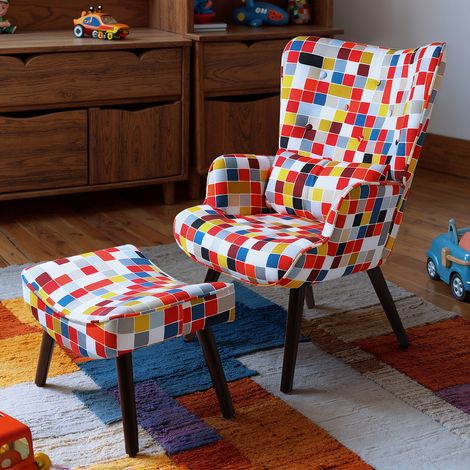 HomeMiYN Sessel Ohrensessel mit Kissen und Fußhocker Wohnzimmer Einzelsofa Farbmosaik (1/5)