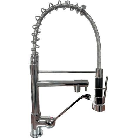 Bagnoclic – Robinet mitigeur cuisine professionnel – Douchette de prélavage double sortie en laiton chromé – Fixations complètes – Adapté PMR (1/5)