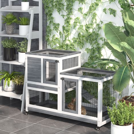 PawHut Clapier à lapin sur roulettes cage à lapin intérieur extérieur 2 étages 2 portes verrouillables 2 plateaux coulissants rampe bois de sapin gris blanc