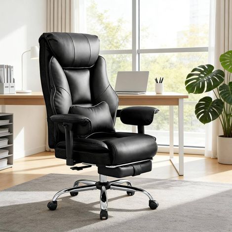 Chaise de bureau ergonomique PU noire avec soutien lombaire, accoudoirs reglables, inclinaison 90-135°, 77x71x118-125,5 cm (1/5)