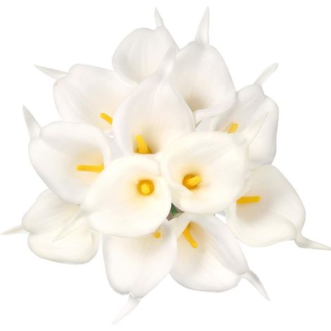 Fleur Artificielle Calla Lily - Bouquet de 12 Pièces avec Tige Flexible - Décoration Intérieure Jardin Événements - Blanc à Centre Jaune (1/5)