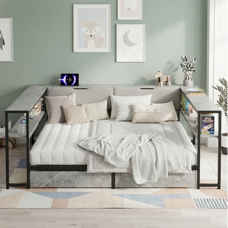 Cama dormitorio juvenil con almacenaje USB gris OKMYHOME (1/5)