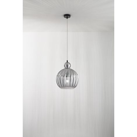 Suspension En Verre Plissé Fumé Miroir Et Noir Mat, Structure En Métal Et Aluminium, Culot E27, D.32Cm H.191Cm - Perenz, Design Élégant Et Chic (1/2)
