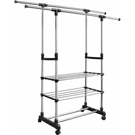 Expandable Double Bar Clothes Rack, Metal Coat Rack Adjustable Height, Lower Storage Shelf 3 Tiers, Mobile with Wheels, Black (1/3)