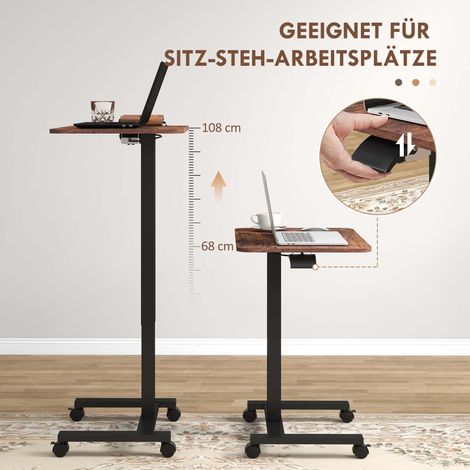Bureau assis-debout réglable en hauteur, table pour PC portable, 4 roues pivotantes, 65x48x108 cm, couleur marron et noir (1/4)