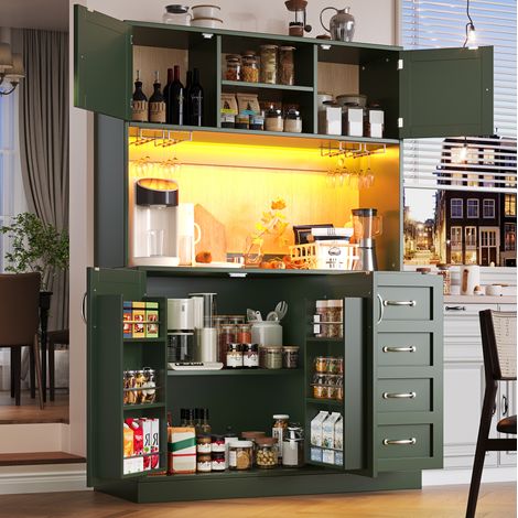 Buffetschrank MDF Grün 120x40x188 cm mit LED-Beleuchtung, 4 Türen, 2 Schubladen, Getränkehaltern und Anti-Kipp-System (1/5)