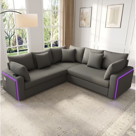 Divano angolare modulare da 5 posti in velluto a coste (panno) con LED e porte USB/USB-C grigio, 198x198x83 cm (1/5)