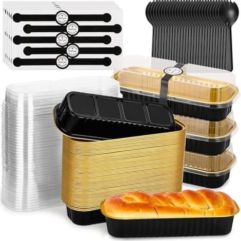 50 pièces moules à mini pain avec couvercles et cuillères, 200ml barquettes rectangulaires en aluminium, boîtes à gâteau avec autocollant de scellage pour pain, gâteau, mariage, anniversaire, pique-ni (1/5)