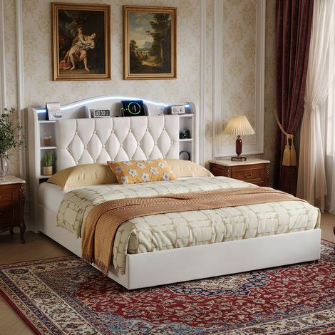 Stauraumbett 160x190 cm, Polsterbett für 2 Personen mit Bettkasten, LED, Holzlattenrost, Metallrahmen, klassischer Stil, Samtbett - Beige