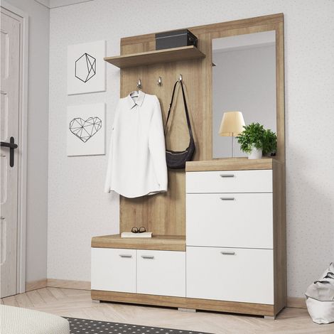 Bestmobilier – Meuble d'entrée scandinave effet bois et blanc – 135 cm de large – 197 cm de haut – 34 cm de profondeur – 4 portes et 1 tiroir