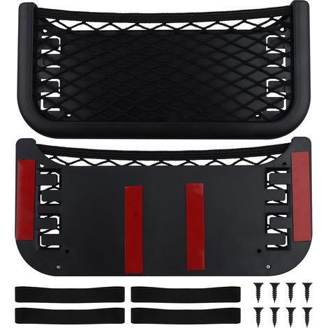 Confezione da 2 reti portaoggetti per auto con viti e fascia elastica, organizer multifunzionale autoadesivo per schienale del sedile