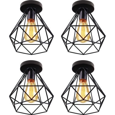 Vintage Ceiling Light, Retro Industrial Diamond Ceiling Lamp, Metal Chandelier with Lampshade for Bedroom Living Room Hallway Black 4PCS (1/5)