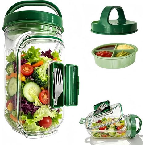 Saladier portable type bocal – Récipient à salade avec ouverture latérale – Gobelet à vinaigrette et fourchette inclus – Boîte à lunch réutilisable pour travail bureau pique-nique et voyage – Vert (1/5)