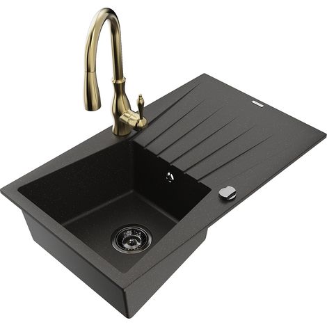 Mexen Cesar lavello in granito a 1 vasca con sgocciolatoio e rubinetto da cucina Savita, nero/oro metallizzato (1/5)