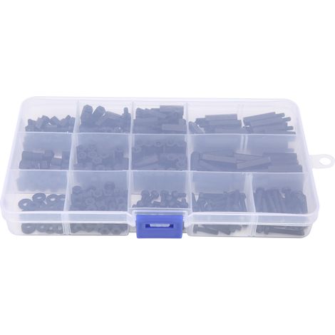 Kit d'assortiment de vis, écrous et goujons M3 hexagonaux en nylon, noir, en boîte.