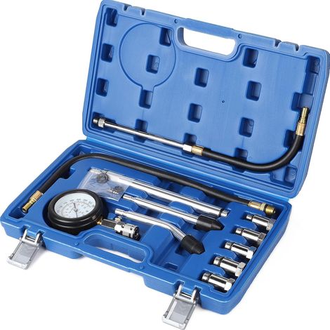 11 Pièces Compressiometre Essence 300 PSI / 0-20 Bar Compressiometre pour Moteur Essence Testeur de Compression Compatible avec Toutes les Voitures et Motos Cylindre Fuite Testeur