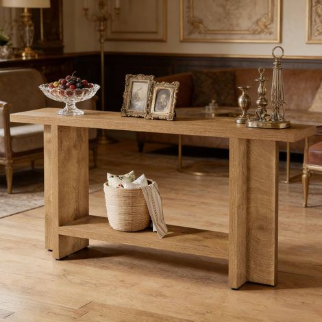 Tavolo consolle 150x30x80 cm, doppio ripiano, stile farmhouse, struttura a T in MDF, marrone (1/5)
