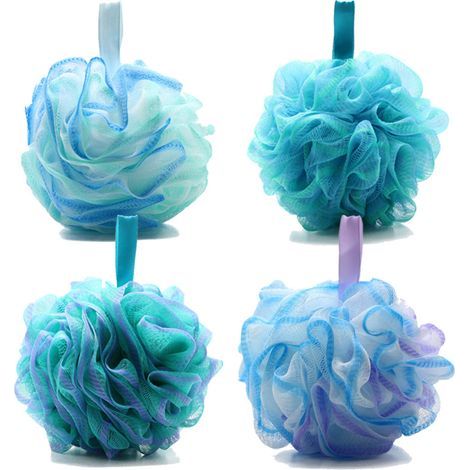 Set de 4 éponges de bain, fleurs de bain surdimensionnées, éponges de bain douces, boules de gel douche en maille pour gommage corporel moussant facile à peler (multicolore) (1/5)