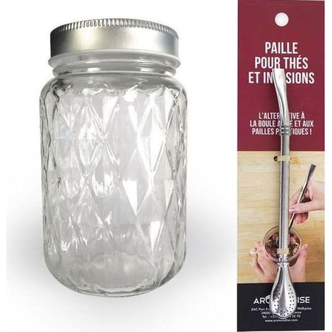 Bocal Mason Jar avec couvercle 37,5 cl diamant + paille inox avec filtre