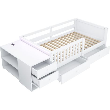 Kinder-Hochbett 90 x 200 cm mit Stauraum, Schreibtisch, Steckdose und LED, weiß (1/5)