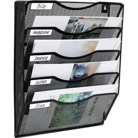 Trimec – Organisateur de fichiers mural 5 poches – Noir – Installation simple avec matériel inclus – Pour documents et magazines