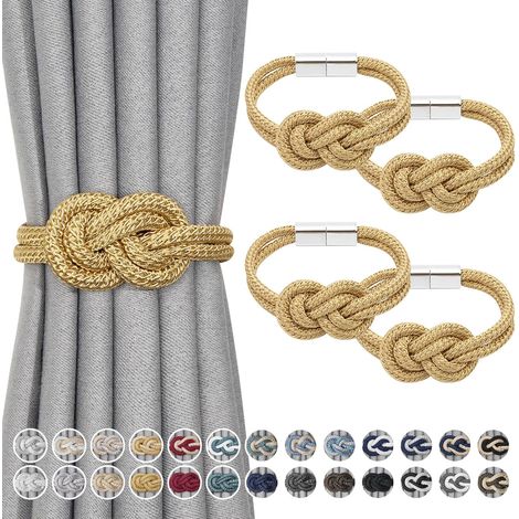 Lot de 4 mini embrasses de rideaux magnétiques de style nordique simple et élégant tissé à la main avec nœud en corde pour décoration de fenêtre de maison et de bureau (doré) (1/5)