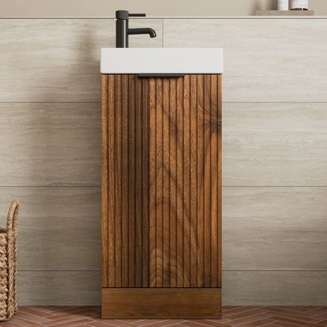 Fluted 400mm Bathroom Vanity Unit Basin Floorstanding Cupboard Soft Close Walnut (1/5)