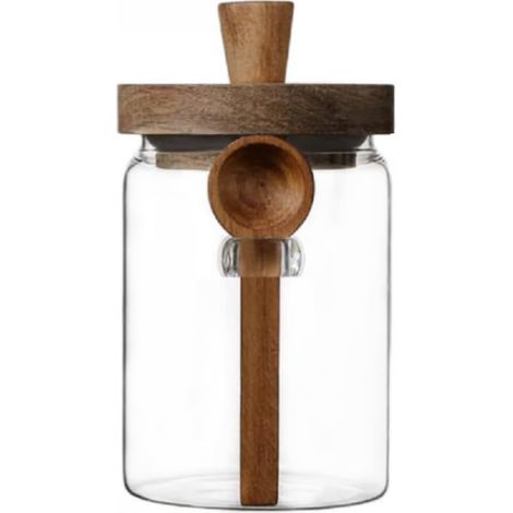 Bocal En Verre - Couvercle En Bois - Cuillère En Bambou - Contenant De Stockage Alimentaire - 600 ml - 1 Pièce (1/5)