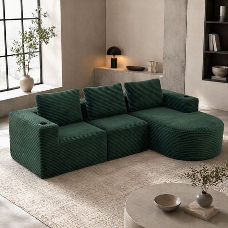 Sofá esquinero compacto 258 x 171 x 62,5 cm en poliéster verde retro, 3 cojines (1/5)